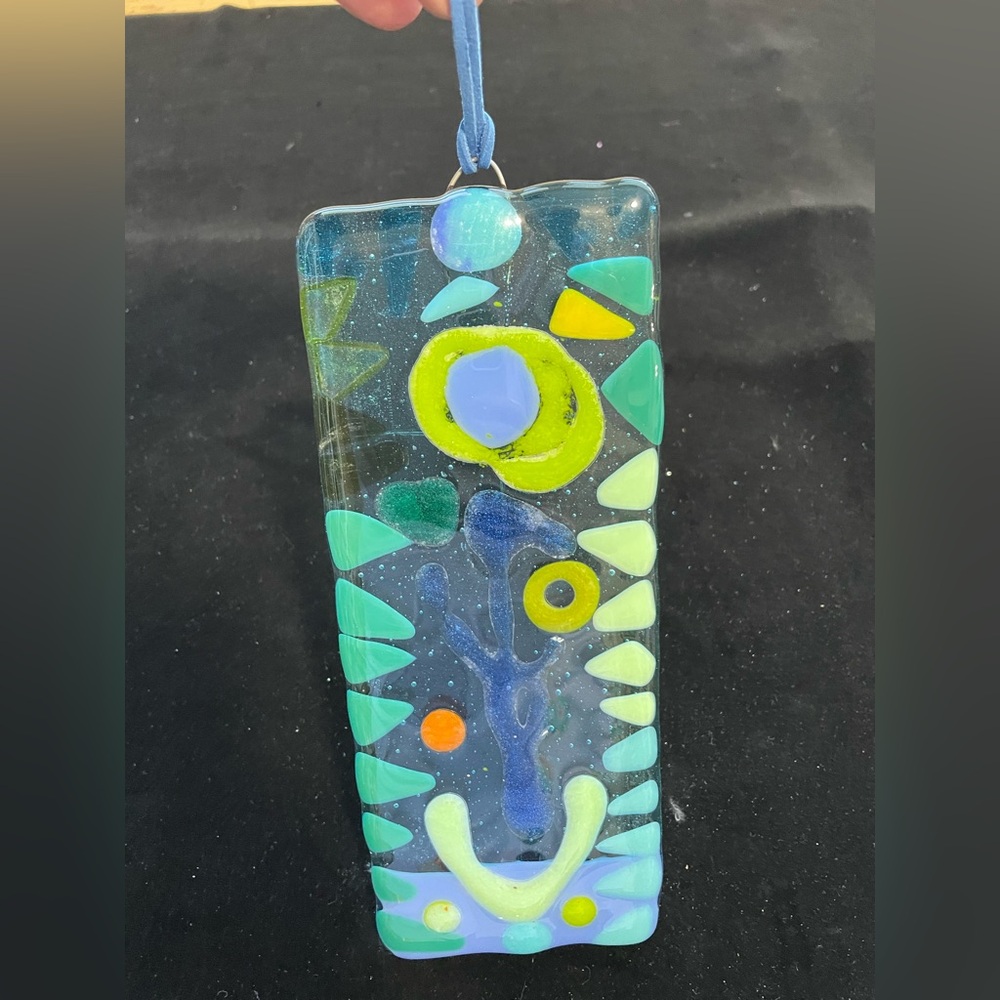 "Blue Light“Fused Art Glass Hanging Plaque 9”x4”Island Design